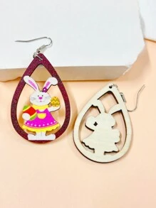 1pair Easter Wooden Tear Drop Shape Animal Cut-Out Earrings With Cartoon Flowers, Colored Easter Eggs, Carrot Patterned Apron, And Printed Rabbit Design Earrings. A Festive Seasonal Gift For Girlfriend To Be Worn In Parties And Street Activities. - Multicolor - View 4