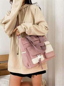 時尚女式手提包單肩包大容量撞色尼龍書包適合畢業生、青少年女孩、新生、大二、初中和高中學生、大學和高中，非常適合戶外、旅行和返校 - 粉色 - 查看 4