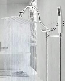 All Metal Shower Head, 10'' High Pressure Rainfall Shower Head, Showerhead Combo/Handheld Shower Wand, 12'' Adjustable Curved Shower Extension Arm, 71'' Hose, 2 Shower Holders - 10 Inch-Square-Chrome - Xem 8