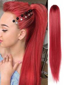 合成長直抓夾馬尾髮延伸器,熱阻自然波浪金髮髮片,22英寸熱阻馬尾長髮片,適用於女性日常派對 - 酒紅色 - 查看 1