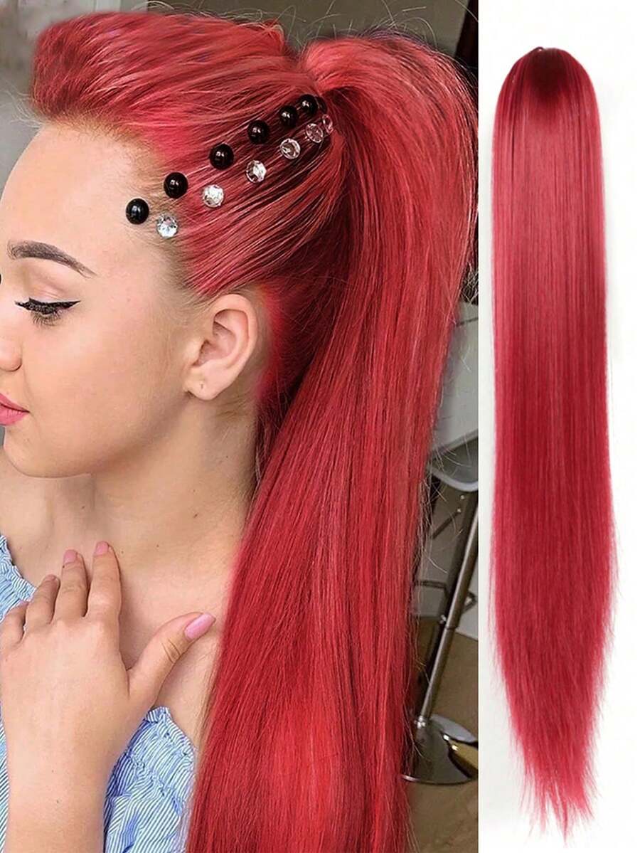 合成長直抓夾馬尾髮延伸器,熱阻自然波浪金髮髮片,22英寸熱阻馬尾長髮片,適用於女性日常派對 - 酒紅色 - 查看 1