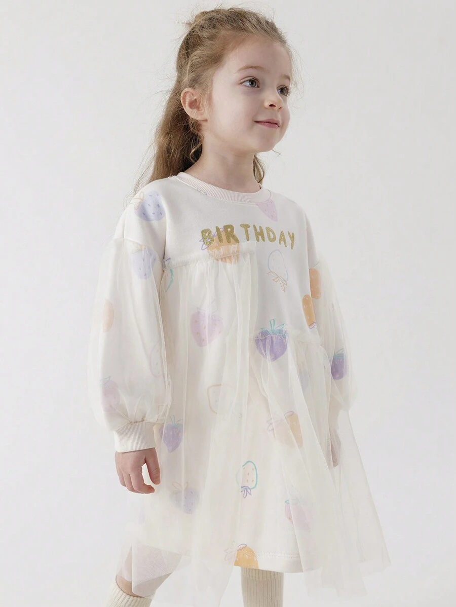 MARC&JANIE Young Girls Sweet & Fun Strawberry Print Mesh Contrast Round-Neck Dress, Spring