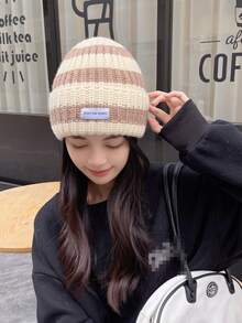 1件女士時尚多色厚針織帽子,適用於秋冬日常穿著 - 米色 - 查看 13