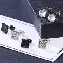 4 对男士不锈钢耳钉黑色方形耳钉套装男士耳环镶嵌方晶锆石 6 毫米防过敏 - 黑與白 - 查看 2