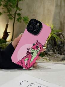 Divertida carcasa de teléfono impresa anti-choque de 1 pieza PU con patrón de leopardo rosa, compatible con iPhone - Multicolor - Ver 3