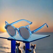 1PC 1 件儿童时尚眼镜，可爱猫耳，可爱款式，猫耳时尚眼镜，圆框眼镜，时尚潮流儿童眼镜，适合户外玩耍、派对、聚会。送给儿童的礼物 - 藍色 - 查看 2