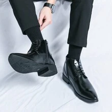 男款高筒靴,帶繫帶、側拉鍊、尖頭、皮革鞋面、橡膠鞋底,黑色,英式休閒冬季輕便靴 - 黑色 - 查看 2