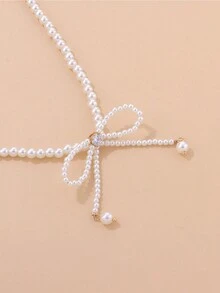 1 件时尚潮流全珍珠流苏优雅项链水钻蝴蝶结超级仙女锁骨链 - 蝴蝶型 - 查看 4