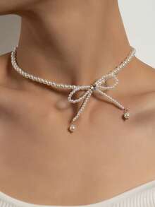 1 件时尚潮流全珍珠流苏优雅项链水钻蝴蝶结超级仙女锁骨链 - 蝴蝶型 - 查看 3