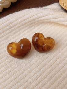 2 件复古棕色心形设计简约个性化耳环，适合女性日常佩戴或送礼 - 棕色 - 查看 4