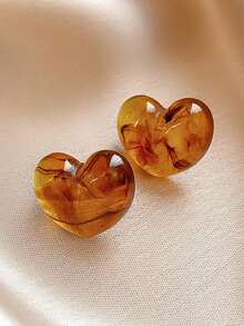 2 件复古棕色心形设计简约个性化耳环，适合女性日常佩戴或送礼 - 棕色 - 查看 1