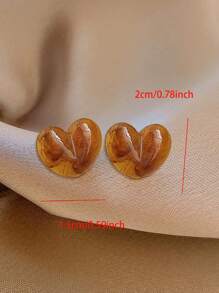 2 件复古棕色心形设计简约个性化耳环，适合女性日常佩戴或送礼 - 棕色 - 查看 5