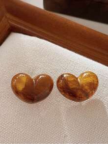 2 件复古棕色心形设计简约个性化耳环，适合女性日常佩戴或送礼 - 棕色 - 查看 3