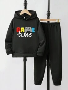 2入組青少年男孩連帽運動衫和帶有字母和遊戲機印花的褲子 - 黑色 - 查看 1