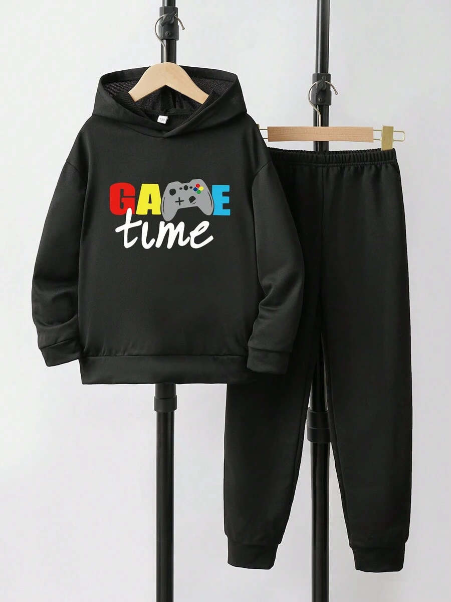2入組青少年男孩連帽運動衫和帶有字母和遊戲機印花的褲子 - 黑色 - 查看 1