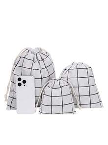 3pcs Travel Storage Bag Plaid Pattern Drawstring Design Polyester Rope Bag,Stylish Drawstring Backpack,Closet Organizer,Travel Portable Bag,Waterproof Pocket,Clothing Classified Hanging Bag - Beige - View 2