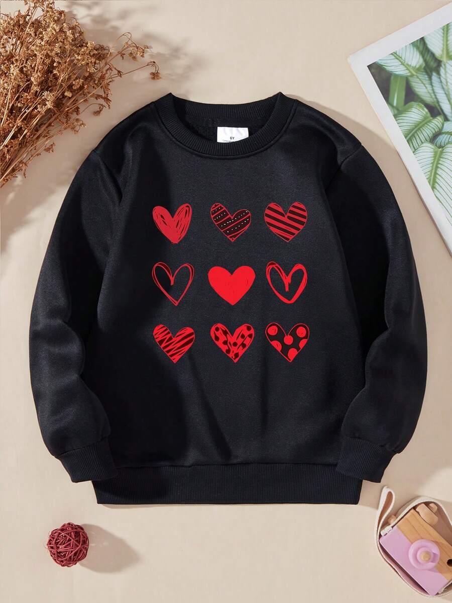 Áo nỉ cổ tròn in hình trái tim dành cho bé gái, thích hợp cho Ngày Valentine. - màu đen - Xem 1