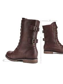 Women'S Combat Boots Lace Up Mid Calf Built-In Wallet Pocket Double Buckle Strap Decoration Comfortable Outdoor Motorcycle Christmas Winter Black Boots - 鐵鏽紅 - 查看 7