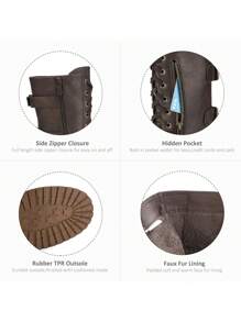 Women'S Combat Boots Lace Up Mid Calf Built-In Wallet Pocket Double Buckle Strap Decoration Comfortable Outdoor Motorcycle Christmas Winter Black Boots - 鐵鏽紅 - 查看 5
