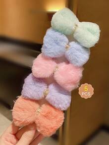 5pcs Kids' Elastic Hair Bands With Colorful Plush Bow Knot - Multicolor - View 5