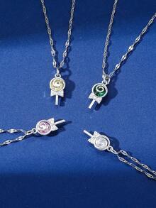 1pc Classic Four Colors Lollipop & Rhinestone Designed Copper Pendant Stainless Steel Chain Necklace, Suitable For Women'S Daily Wear - Pink - View 1