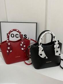 高端独特红色包包，2024年新款流行女士包包，百搭斜挎包，配时尚围巾，单肩包 - 黑色 - 查看 2