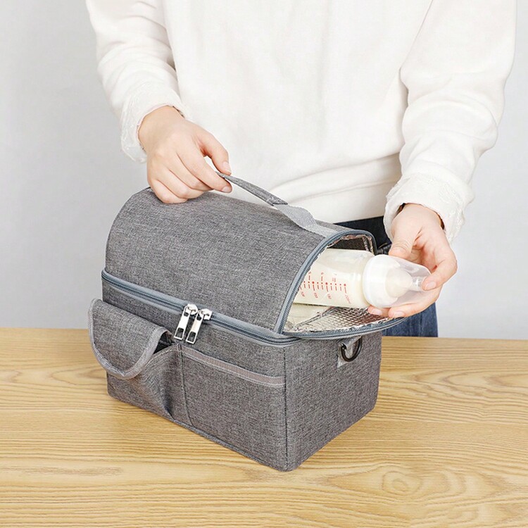 1pc Double Layer Lunch Bag, Large Capacity Thermal Insulation Picnic Bento Box Meal Pouch For Women Men - Grey - View 9