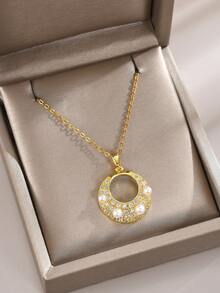 1條時尚珠寶填充圓圈和珍珠吊墜的女士不鏽鋼項鍊,適用於日常穿著 - 金色 - 查看 1