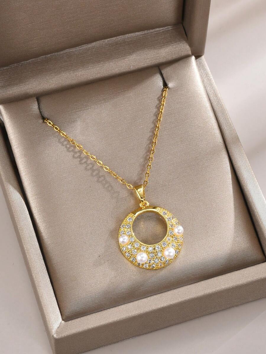 1條時尚珠寶填充圓圈和珍珠吊墜的女士不鏽鋼項鍊,適用於日常穿著 - 金色 - 查看 1