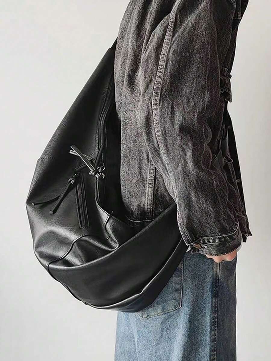 Bolso de hombro, bandolera, con forma de dumpling de unicolor de moda para salidas casuales o necesidades de gran capacidad, estilo coreano, material de PU, bolso universitario, bolso de verano para papá, mochila multifuncional para dormitorio universitario, regalo de Acción de Gracias, bolso de regalo para hombres, bolso de hombro, bolso bandolera, bolsos vintage de primavera, útiles escolares, bolso bandolera para hombres, bolso lateral - Negro - Ver 1