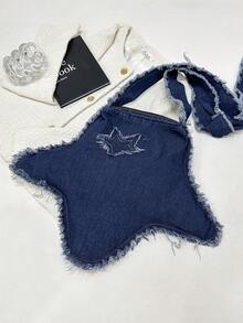 1個(18.89in*14.96in*0.39in)時尚三角牛仔肩袋帶可愛的流蘇和毛絨裝飾,可摺疊和可水洗,適用於旅遊、休閒、學習和工作 - 藍色 - 查看 5