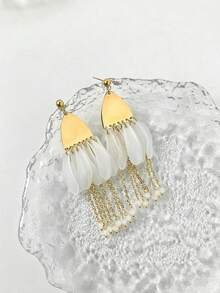 1pair Fashionable And Exquisite Stainless Steel Gold-Plated Colored Acrylic Tassel Dangle Earrings, Suitable For Women To Wear At Parties And As Holiday Gifts - Multicolor - View 3