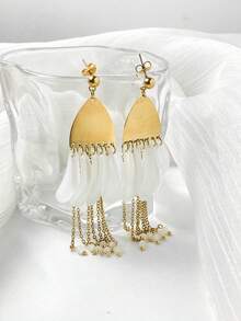 1pair Fashionable And Exquisite Stainless Steel Gold-Plated Colored Acrylic Tassel Dangle Earrings, Suitable For Women To Wear At Parties And As Holiday Gifts - Multicolor - View 2