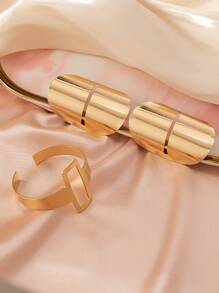 1set Fashionable Metallic Geometric Creative Asymmetrical Statement Earrings & Personalized Bangle Bracelet Combination, Adjustable Open Ends - Yellow Gold - View 3