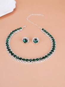 3入組女孩鑽石套裝方形耳釘及項鍊,現代高端優雅耳環,多功能鏈條,時尚豪華派對珠寶套裝,適用於節日和場合 - 彩色 - 查看 1