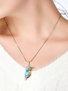 復古個人化綠松石鳥項鍊鋅合金動物吊墜時尚自然風格街頭配件男女通用 - 藍色 - 查看 2
