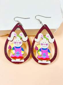 1pair Easter Wooden Tear Drop Shape Animal Cut-Out Earrings With Cartoon Flowers, Colored Easter Eggs, Carrot Patterned Apron, And Printed Rabbit Design Earrings. A Festive Seasonal Gift For Girlfriend To Be Worn In Parties And Street Activities. - Multicolor - View 15
