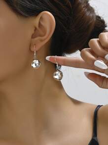 1pair Metallic Retro Stylish Simple Design Glass Ball Dangle Earrings, Perfect For Women's Daily Wear - Silver Ball - View 8
