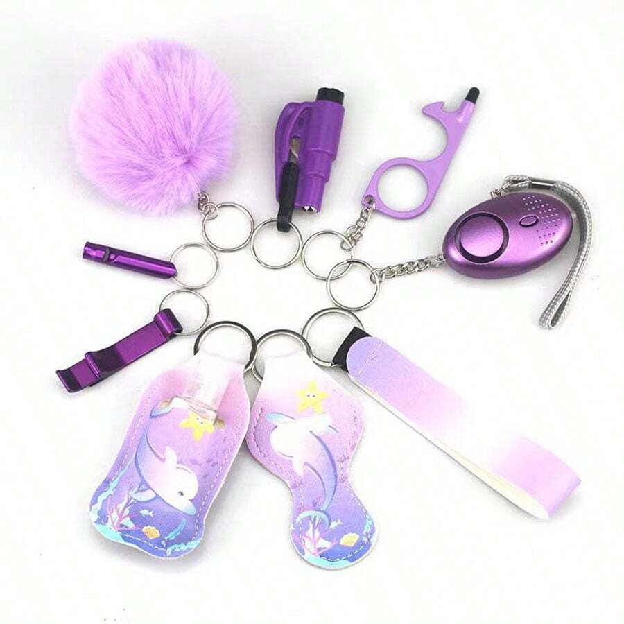 10入組女性時尚自衛個人警報鑰匙扣,內含玻璃碎裂器、斷路器、開瓶器、收納袋和鑰匙扣套裝,適合作為生日禮物,附有鬧鐘、毛絨鑰匙扣和旅行樽鑰匙扣等配件 - 紫色 - 查看 1
