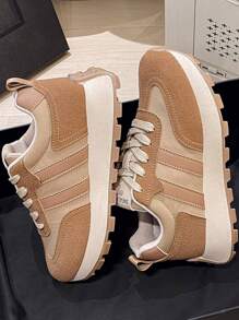 女款春季新款厚底厚底運動鞋厚底防水休閒運動鞋拼色圓頭繫帶高筒帆布鞋 - 卡其色 - 查看 3