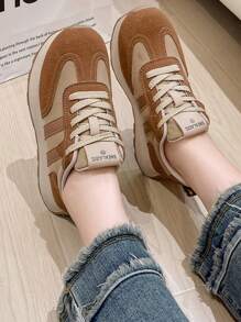 女款春季新款厚底厚底運動鞋厚底防水休閒運動鞋拼色圓頭繫帶高筒帆布鞋 - 卡其色 - 查看 2