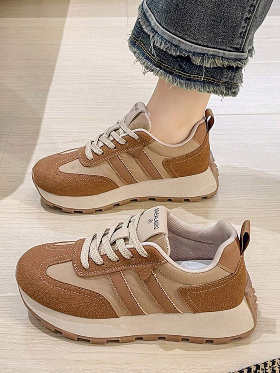 女款春季新款厚底厚底運動鞋厚底防水休閒運動鞋拼色圓頭繫帶高筒帆布鞋 - 卡其色 - 查看 1