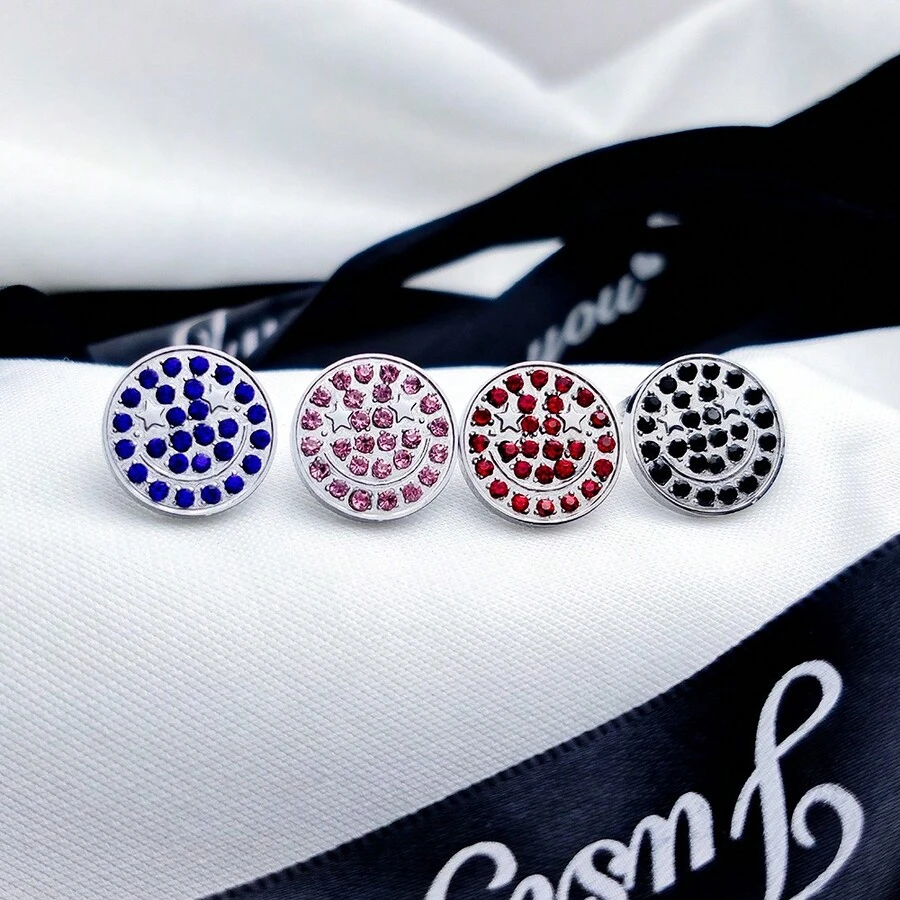 1對2023年新款圓形鑽石鑲嵌笑臉耳環,時尚中性耳飾,適合日常佩戴 - 銀色 - 查看 1