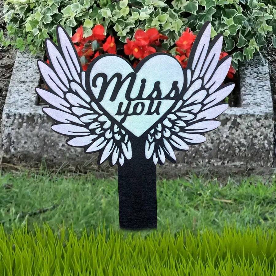 1 件木製天使翅膀心形紀念牌,適合墓園、花園、庭院、紀念碑、墓碑戶外裝飾,紀念親友、花園裝飾標誌 - 漸層青色 - 查看 1