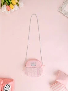 Metoo Tiramitu 1pc Girls' Princess Style Crown Pattern Shoulder Bag With White Glitter Polka Dot Composite Foil Material And Pleated Decoration, Perfect Gift For Girls - Pink - View 3