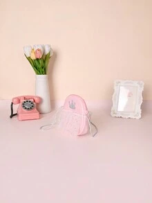 Metoo Tiramitu 1pc Girls' Princess Style Crown Pattern Shoulder Bag With White Glitter Polka Dot Composite Foil Material And Pleated Decoration, Perfect Gift For Girls - Pink - View 4