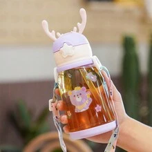 1個帶鹿角、背帶和吸管的紫色pp水杯,免費附贈貼紙 - 紫色 - 查看 2