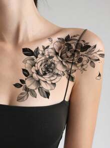 STARTTOOS 1pc Negro Flor Patrón Tatuaje Temporal Pegatina Para Brazo, Pecho, Abdomen, Espalda - Negro - Ver 2