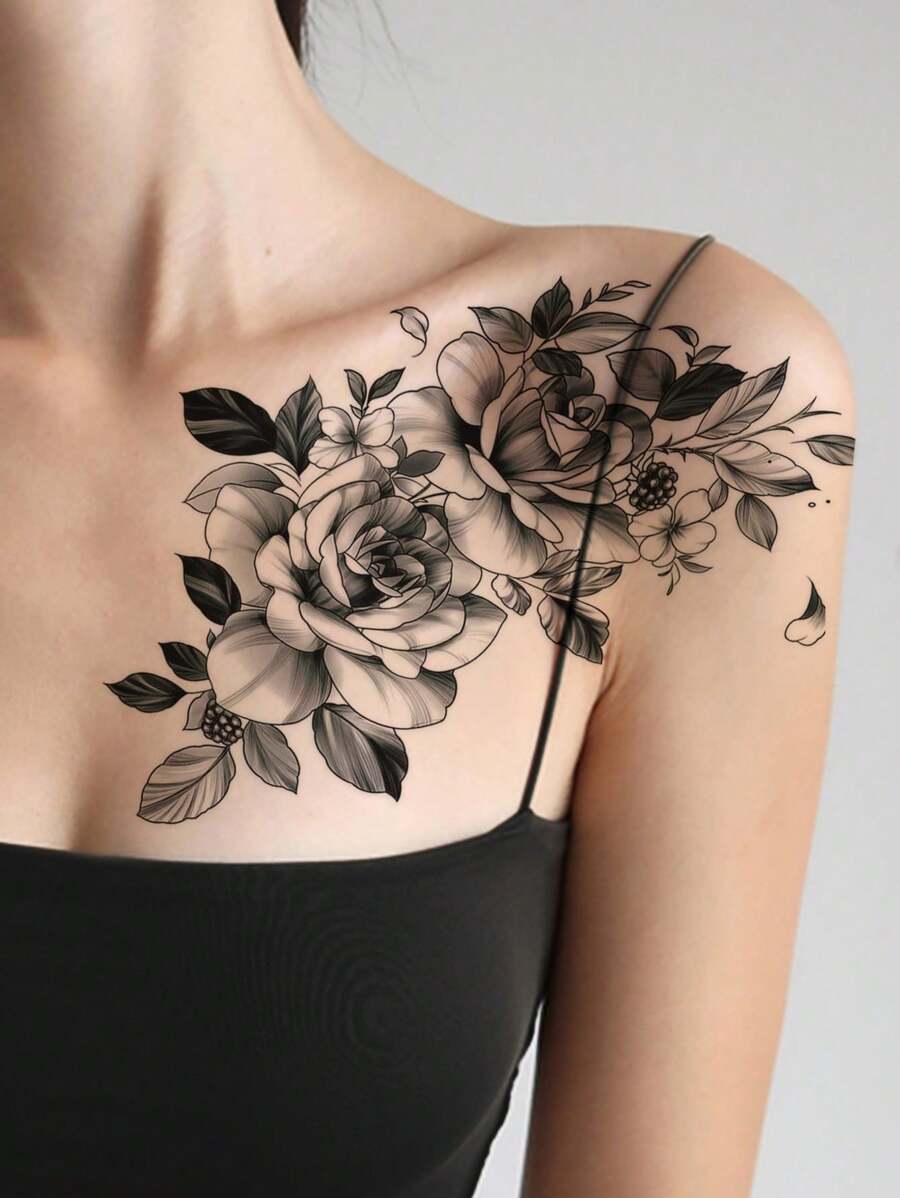 STARTTOOS 1pc Negro Flor Patrón Tatuaje Temporal Pegatina Para Brazo, Pecho, Abdomen, Espalda