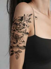 STARTTOOS 1pc Negro Flor Patrón Tatuaje Temporal Pegatina Para Brazo, Pecho, Abdomen, Espalda - Negro - Ver 4